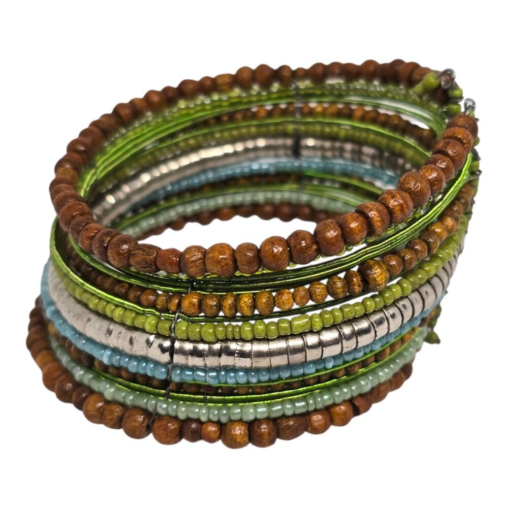 Boho Memory Wire Wrap Bracelet Green Wood Bead Multi Strand Coil - Picture 2 of 6